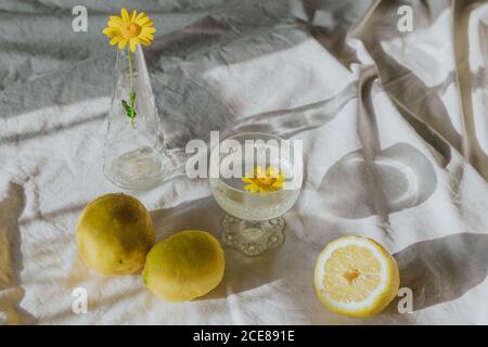 Zarte gelbe Kamille in Glasvase auf Tisch mit platziert Weißes Tuch in der Nähe erfrischende Getränk und mit natürlichen Zitronen zusammengesetzt Stockfoto