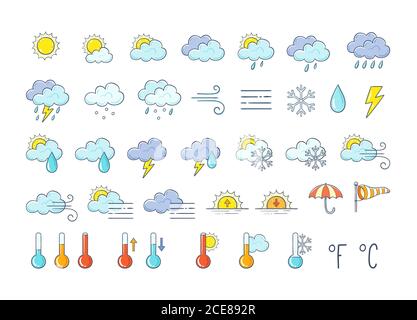 Bunte Wettersymbole eingestellt. Handgezeichnete Design-Elemente für Wettervorhersage isoliert auf weißem Hintergrund. Enthält Symbole der Sonne, Wolken, Schneeflocken, s Stock Vektor