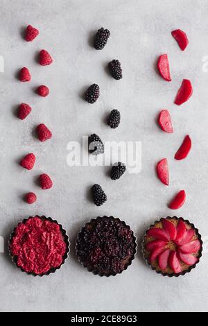 Draufsicht auf schmackhafte Kuchen mit verschiedenen reifen Früchten und Beeren in der Reihe auf dem Tisch angeordnet Stockfoto