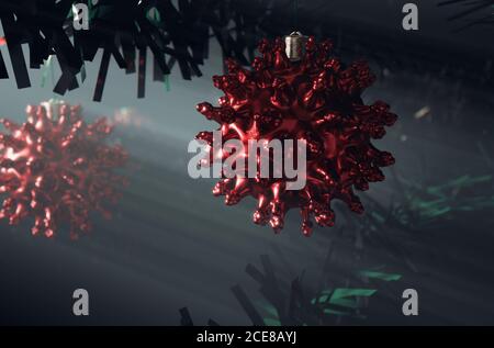 Ein Konzept von roten weihnachtskugeln in Form von Ein Coronavirus-Molekül, das in einem falschen grünen weihnachtsbaum hängt - 3D-Rendering Stockfoto