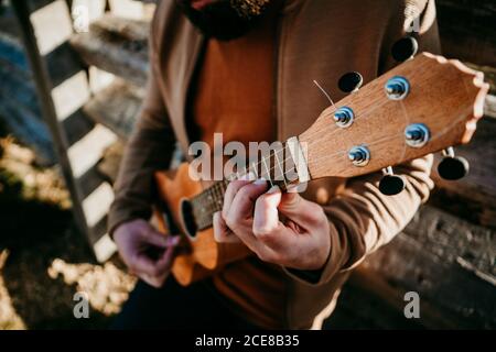 Von oben unerkennbarer Mann mit Ukulele, die auf Holzbarriere gelehnt ist Während Sie sich an sonnigen Tagen in Puerto de la Morcuera ausruhen Berge in Spanien Stockfoto