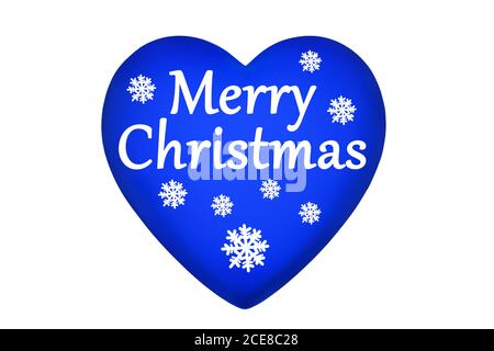 Blaues Herz, Frohe Weihnachten Text, Schneeflocken-Muster auf weißem Hintergrund isoliert Nahaufnahme, Happy New Year & Winter Urlaub Banner, Weihnachtsfeier Stockfoto