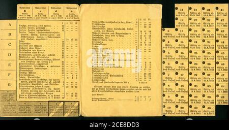 Europa, Deutschland, Zeit des 2. Weltkrieges, Dritte Reichskleiderkarte, , gültig bis 31. Dezember 1942 , Innenteil, Größe 21 cm x 14,5 cm , Motiv darf nur für journalistische oder wissenschaftliche Zwecke genutzt werden, Rechte werden nicht vertreten . / Europa, Deutschland, Hamburg, Zeit des 2. Weltkrieges, 3. Rationsmarken der Kleidung, gültig bis 31. Dezember 1942, innen, Größe 21 cm x 14,5 cm, Bild nur für journalistische oder akademische Zwecke, es gibt keine Rechte. Stockfoto