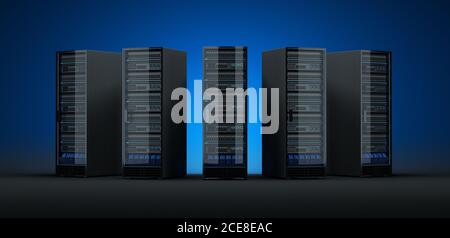 Rechenzentrumsserver aus verschiedenen Perspektiven. Stockfoto