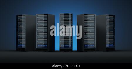 Rechenzentrumsserver aus verschiedenen Perspektiven. Stockfoto