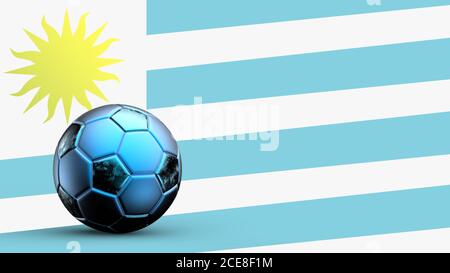 Flagge Uruguays mit Metallfußball, Nationalfußballflagge, Fußball-WM, Fußball europäischer Fußball, amerikanischer und afrikanischer Meisterschaft, 3d Render Stockfoto