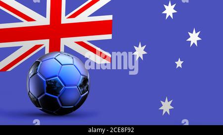 Flagge Australiens mit Metall-Fußball, nationale Fußballflagge, Fußball-WM, Fußball europäischen Fußball, amerikanische und afrikanische Meisterschaft, 3d-Rend Stockfoto