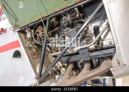 Nahaufnahme der Motor in einer De Havilland DH 82A Tiger Moth, ausgestellt im De Havilland Museum, London Colney, UK. Stockfoto