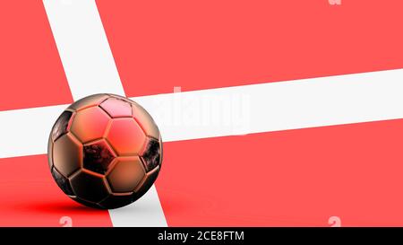 Flagge Dänemarks mit Metallfußball, Nationalfußballflagge, Fußball-WM, Fußball-europafußball, amerikanische und afrikanische Meisterschaft, 3d-Render Stockfoto