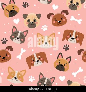 Niedliche Haustiere Muster mit verschiedenen Hunden. Vektorgrafik im flachen Stil Stock Vektor