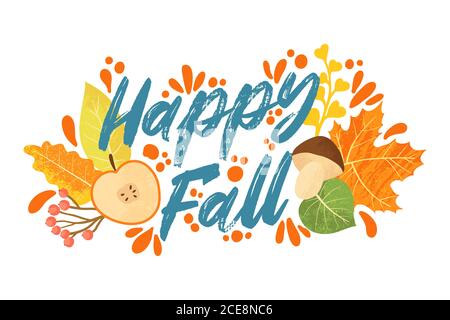 Happy Fall Typografie Zitate mit Herbstelementen. Vektor-Zitate mit Herbstblättern, Apfel, Beeren und Pilze. Isoliert auf weißem Hintergrund. Stock Vektor