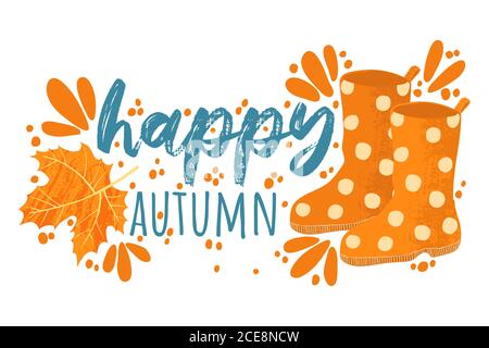 Happy Autumn - Herbst Typografie Zitate mit Herbst Elemente. Vektor-Zitate mit Herbstblättern, Gummistiefel und Beeren. Isoliert auf weißem Hintergrund Stock Vektor