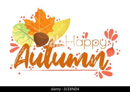 Happy Autumn - Herbst Typografie Zitate mit Herbst Elemente. Vektor-Zitate mit Herbstblättern, Walnüssen und Beeren. Isoliert auf weißem Hintergrund Stock Vektor