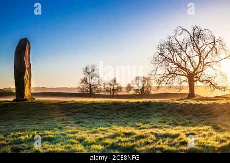 Sarsensteine bei Sonnenaufgang in Avebury in Wiltshire. Stockfoto