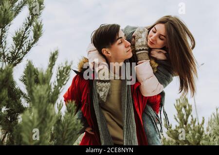 Ein schönes junges Paar kam, um einen Baum zu wählen. Brautpaar in der Liebe täuschen im Winter herum. Eine hübsche Frau lacht auf den Schultern eines Mannes. Stockfoto