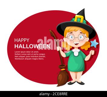 Frohe Halloween Grußkarte. Kleine lächelnde Hexe Zeichentrickfigur mit Zauberstab und Broomstick. Vektorgrafik Stock Vektor