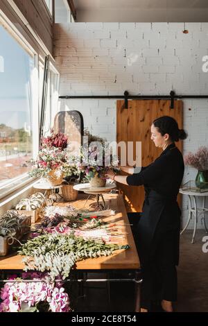 Seitenansicht der konzentrierten weiblichen Designerin, die dekorative Blumensträuße arrangiert Während der Arbeit auf Bestellung für Veranstaltung in kreativen Floristik Studio Stockfoto