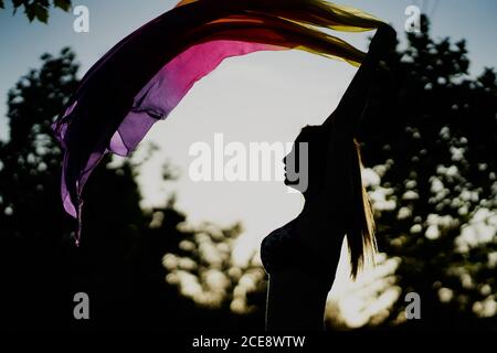 Seitenansicht der Silhouette der weiblichen Bauchtänzerin Durchführung in Garten bei Sonnenuntergang Stockfoto