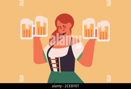 Mädchen Kellnerin hält Bier Tassen Oktoberfest Party Feier Konzept Frau In deutscher traditioneller Kleidung mit Spaß Portrait horizontale Vektor Illustration Stock Vektor