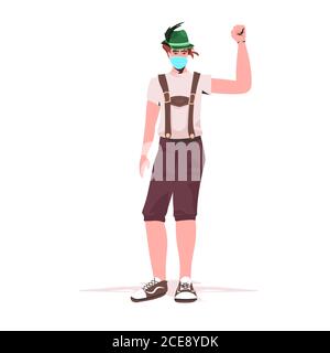 Mann in traditioneller Kleidung trägt Maske, um Coronavirus Pandemie zu verhindern Oktoberfest Party Feier Konzept in voller Länge isoliert Vektor Illustration Stock Vektor