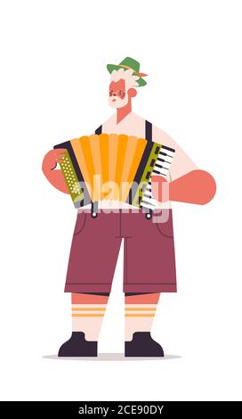 Musiker spielen Akkordeon auf größten Volksfest Musik Oktoberfest Party Konzept Mann in deutscher traditioneller Kleidung mit Spaß voll Länge isolierte vertikale Vektordarstellung Stock Vektor