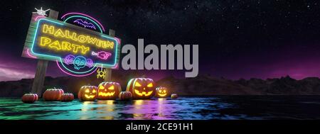 Kürbisse und Billboard mit glänzenden Neonlampen unter den Nachtsternen. Glückwunschkarte Zu Halloween. 3d-Rendering Stockfoto