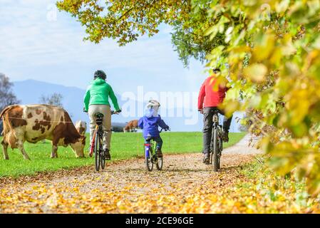 Junge Familie hat viel Spaß beim Radfahren in Herbstliche Natur Stockfoto