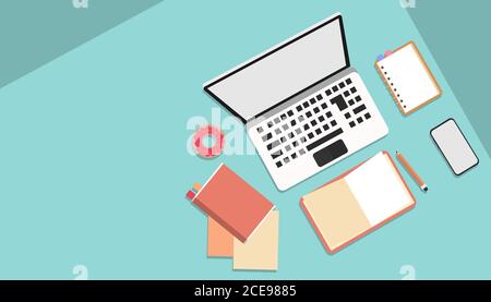 Illustration Mit Laptop Computer Und Bücher Auf Dem Schreibtisch, Blauer Hintergrund Stock Vektor