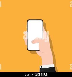 Geschäftsmann Mit Smartphone Mit Leerem Bildschirm Über Orangenen Hintergrund, Nahaufnahme Stock Vektor