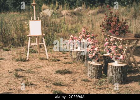 Rosa Blumenarrangements auf Baumstämmen in einer Wiese für ein Hochzeit Stockfoto