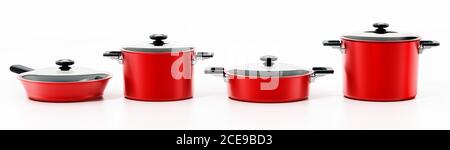 Set aus Stahl Kochtöpfe isoliert auf weißem Hintergrund. 3D-Illustration. Stockfoto