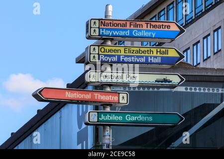 Touristische Beschilderung und Wegbeschreibung zu kulturellen Veranstaltungsorten, Theatern und Konzerthallen in der South Bank, London, England, Großbritannien Stockfoto