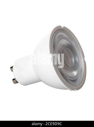 Isolierte LED-Strahlerlampe mit UK GU10-Anschluss und Vor weißem Hintergrund Stockfoto