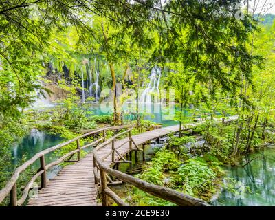 Fantastische Aussicht wie Traumland Märchenland Nationalpark erstaunliche Plitvice Seen in Kroatien Europa Wasser fließender Wasserfluss Wasserfall türkisfarbenes Wasser Stockfoto