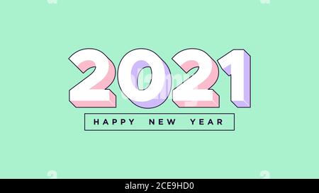 Frohes Neues Jahr 2021. Isometrische Zahl 2021 mit pastellrosa und violetten Farben, Ziffern im 3d-Stil auf hellgrünem Hintergrund. Grußkarte, Festiv Stock Vektor