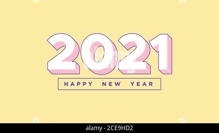 Frohes Neues Jahr 2021. Isometrische Zahl 2021 mit weißer und pastellrosa Farbe, Ziffern im 3d-Stil auf hellgelbem Hintergrund. Grußkarte, Festlich Stock Vektor