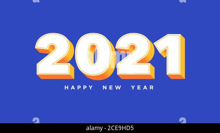 Frohes Neues Jahr 2021. Isometrische Zahl 2021 mit weißen gelb-orangefarbenen Farben, fett formatige Ziffern im 3d-Stil auf blauem Hintergrund. Grußkarte, Festliche Pos. Stock Vektor