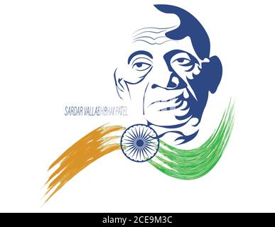 Vektor-Illustration von Sardar Vallabhbhai Patel, der Eiserne Mann von Indien während der Unabhängigkeit 1947. Skizze mit dreifarbiger indischer Flagge. Stock Vektor