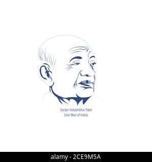 Vektor-Illustration von Sardar Vallabhbhai Patel, der Eiserne Mann von Indien während der Unabhängigkeit 1947. Skizze mit dreifarbiger indischer Flagge. Stock Vektor