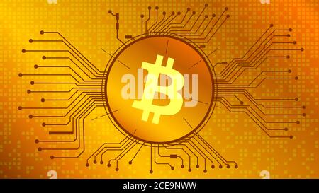 Bitcoin Kryptowährung Token Symbol, BTC Münze Symbol im Kreis mit pcb auf Gold Hintergrund. Digitales Gold im Techno-Stil für Website oder Banner. Stockfoto