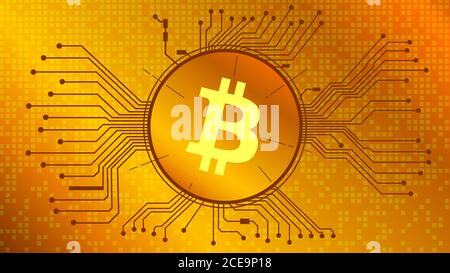 Bitcoin Kryptowährung Token Symbol, BTC Münze Symbol im Kreis mit pcb auf Gold Hintergrund. Digitales Gold im Techno-Stil für Website oder Banner. Vektor. Stock Vektor