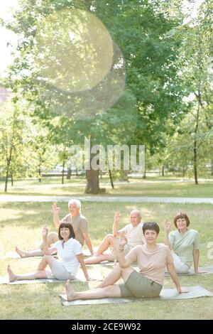 Portrait of content Senioren sitzen auf Matten im Park Und verdrehen Körper beim Üben Yoga in der Gruppe Klasse Stockfoto