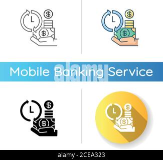 Symbol „Darlehen beantragen“. Schnelles Bargeld. Mobile Banking-Dienst. Immer online Zahltag Darlehen. Digitale Geldtransaktion. Lineare Schwarz- und RGB-Farbstile. Ist Stock Vektor
