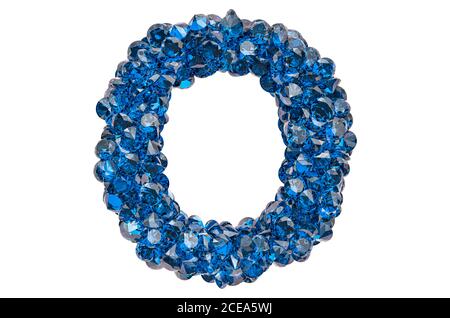 Buchstabe O aus blauen Diamanten oder Saphiren mit Brillantschliff. 3D-Rendering auf weißem Hintergrund isoliert Stockfoto