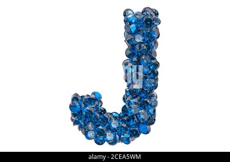 Buchstabe J aus blauen Diamanten oder Saphiren mit Brillantschliff. 3D-Rendering auf weißem Hintergrund isoliert Stockfoto