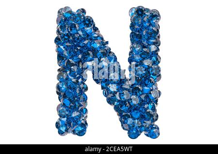 Buchstabe N aus blauen Diamanten oder Saphiren mit Brillantschliff. 3D-Rendering auf weißem Hintergrund isoliert Stockfoto