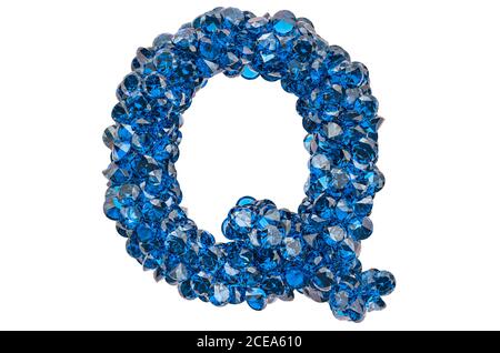 Buchstabe Q aus blauen Diamanten oder Saphiren mit Brillantschliff. 3D-Rendering auf weißem Hintergrund isoliert Stockfoto