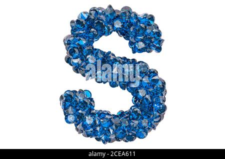 Buchstabe S aus blauen Diamanten oder Saphiren mit Brillantschliff. 3D-Rendering auf weißem Hintergrund isoliert Stockfoto