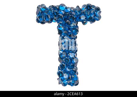 Buchstabe T aus blauen Diamanten oder Saphiren mit Brillantschliff. 3D-Rendering auf weißem Hintergrund isoliert Stockfoto