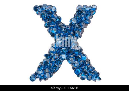 Buchstabe X aus blauen Diamanten oder Saphiren mit Brillantschliff. 3D-Rendering auf weißem Hintergrund isoliert Stockfoto